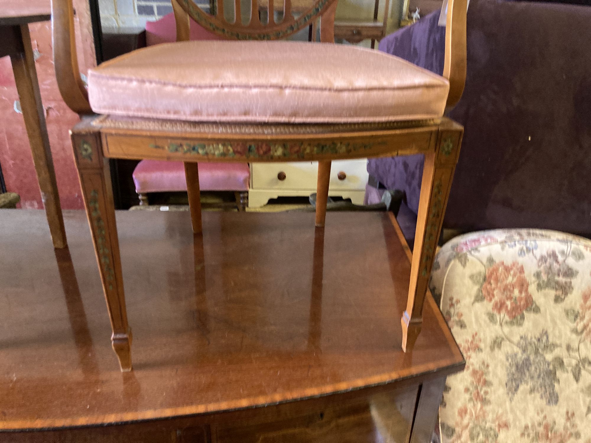 A Hepplewhite revival painted satinwood salon chair